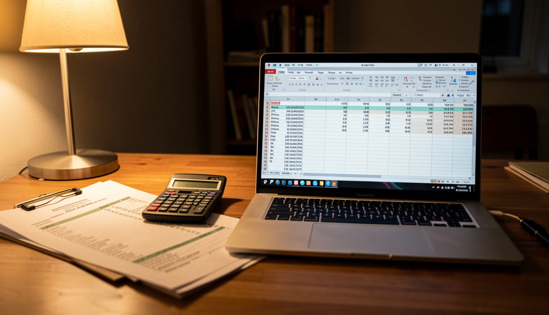 A producer's desk at night with a printed budget, a calculator and a laptop showing a spreadsheet, warm lamp light from the left, medium shot.
