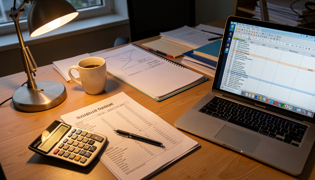A cluttered production office desk at dusk, with a printed budget sheet, a calculator, a coffee cup and a laptop showing a spreadsheet, lit by a warm desk lamp, shot from a slight overhead angle.